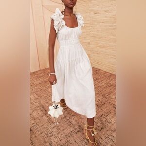 Ulla Johnson Rissa Dress Sand Linen Striped Ruffle Nap Midi Dress Size 00 Beach